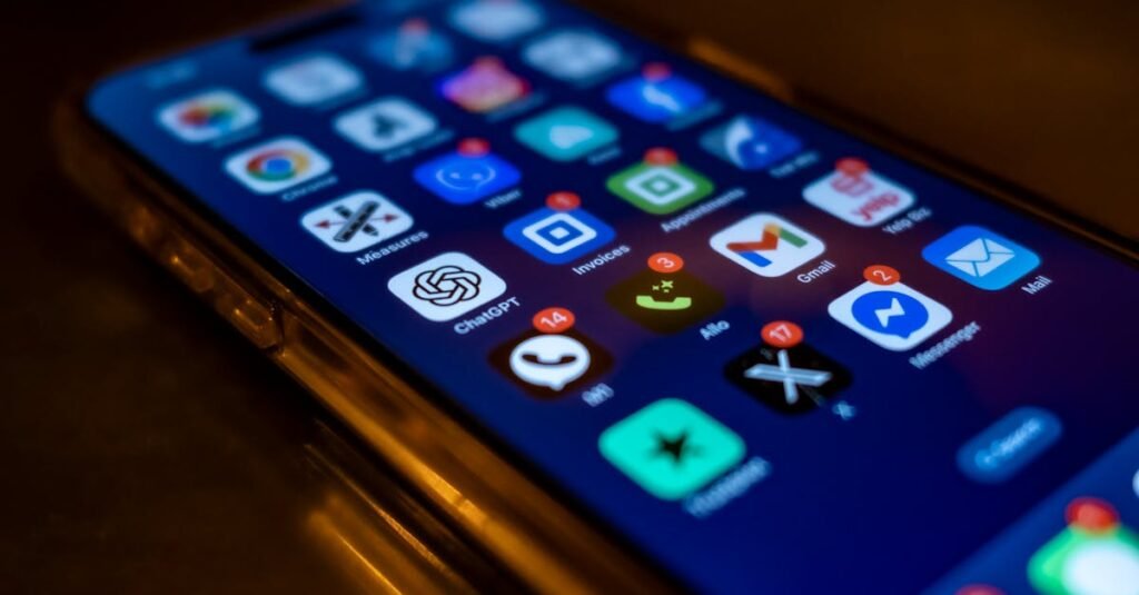 Smartphone screen showing various app icons with notification badges in low light.